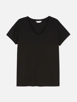 Hauts Et T-Shirts|Primark T-shirt à Col En V En Coton Mélangé Noir
