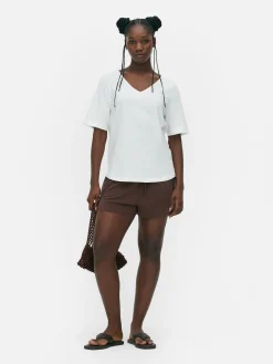 Hauts Et T-Shirts|Primark T-shirt à Col En V Et Manches Courtes Ivoire