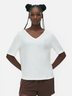 Hauts Et T-Shirts|Primark T-shirt à Col En V Et Manches Courtes Ivoire