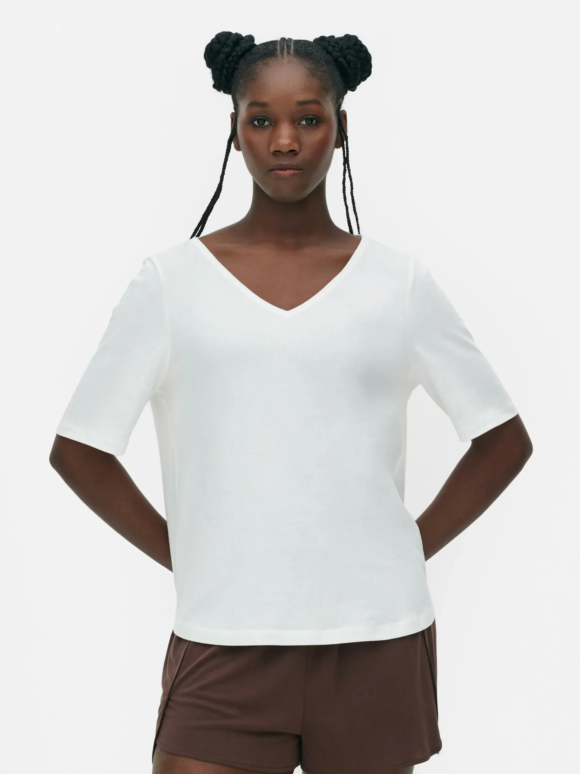 Hauts Et T-Shirts|Primark T-shirt à Col En V Et Manches Courtes Ivoire