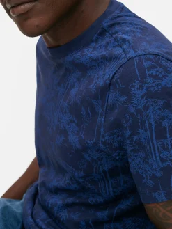 Hauts Et T-Shirts|Primark T-shirt à Col Ras-du-cou Et Motif Arbres Japonais Bleu marine