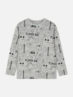 Hauts Et T-Shirts|Primark T-shirt à Manches Longues Et Motif Gaming Gris chiné