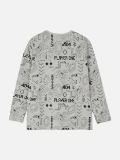 Hauts Et T-Shirts|Primark T-shirt à Manches Longues Et Motif Gaming Gris chiné