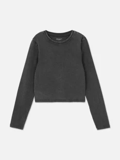 Hauts Et T-Shirts|Primark T-shirt Délavé à L'acide à Manches Longues Anthracite