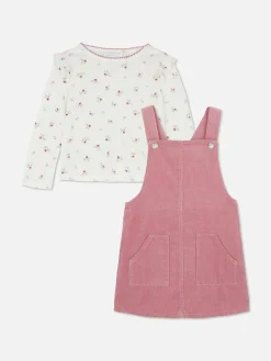 Ensembles Et Tenues|Primark T-shirt Floral Et Robe Chasuble En Velours Côtelé Rose poudré