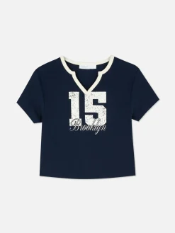 Hauts Et T-Shirts|Primark T-shirt Graphique à Col Cranté Bleu marine
