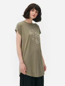 Hauts Et T-Shirts|Primark T-shirt Long à Col Ras-du-cou Kaki
