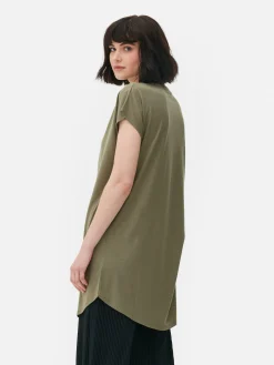 Hauts Et T-Shirts|Primark T-shirt Long à Col Ras-du-cou Kaki