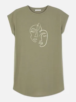 Hauts Et T-Shirts|Primark T-shirt Long à Col Ras-du-cou Kaki