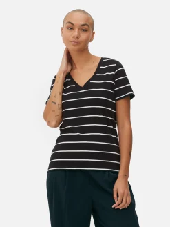 Hauts Et T-Shirts|Primark T-shirt Rayé à Col En V Noir/Blanc