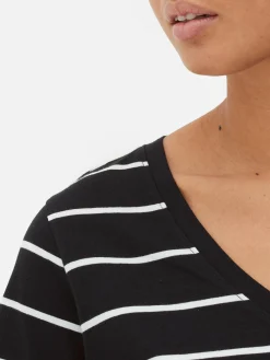 Hauts Et T-Shirts|Primark T-shirt Rayé à Col En V Noir/Blanc