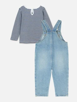 Ensembles Et Tenues|Primark T-shirt Rayé à Manches Longues Et Salopette En Denim Bleu moyen