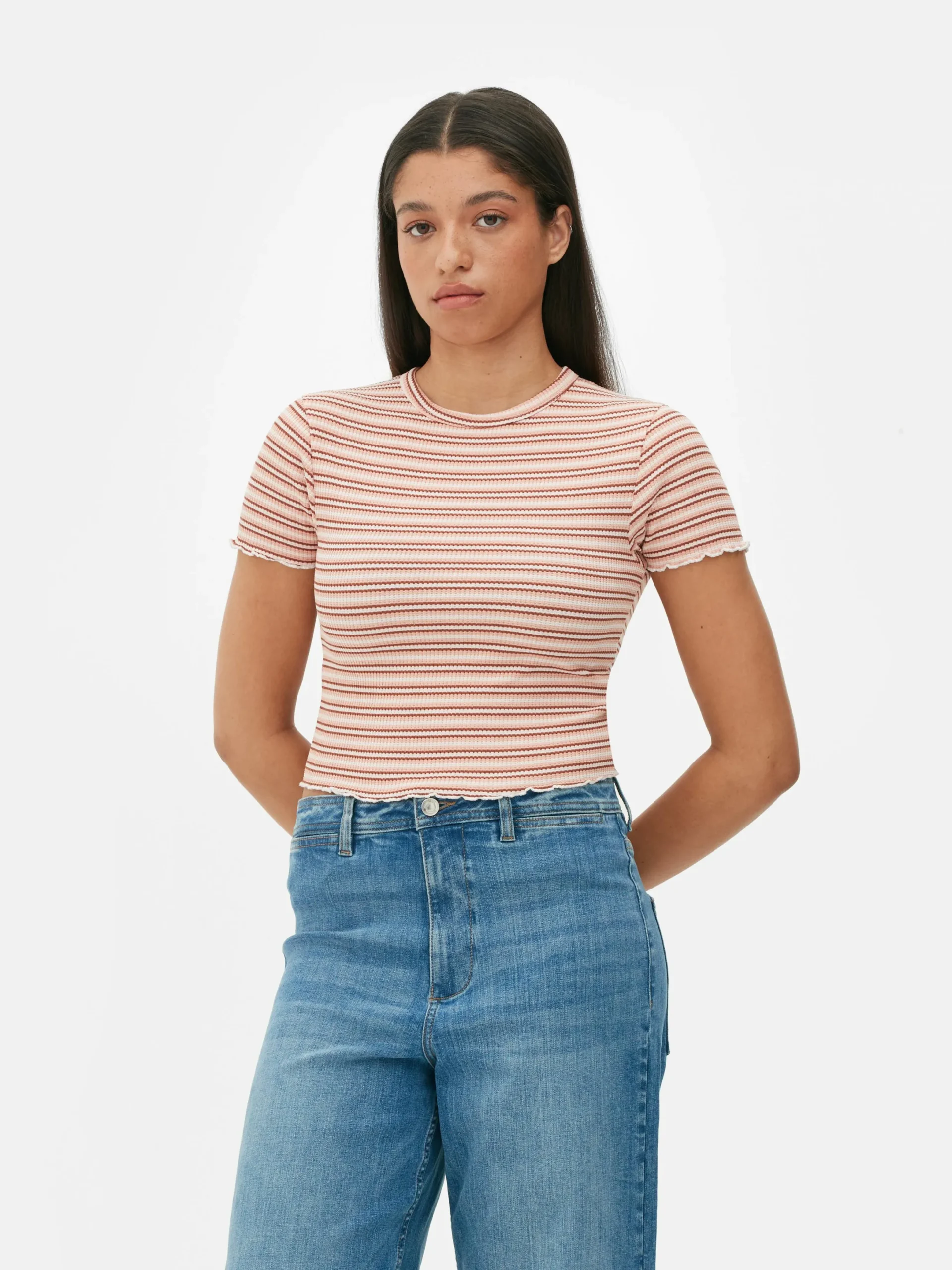 Hauts Et T-Shirts|Primark T-shirt Texturé à Ourlet Ondulé Pêche