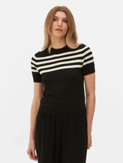 Hauts Et T-Shirts|Primark T-shirt Tricoté à Manches Courtes Noir/Blanc